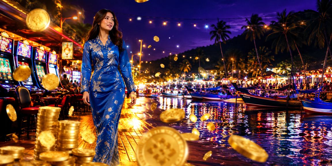 Pengguna berbaju kurung menikmati permainan kasino dalam talian semasa cuti di Langkawi